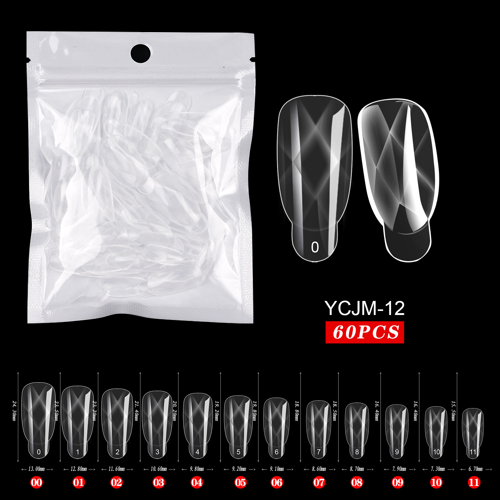 60 moules à ongles en gel allongés, 12 modèles.