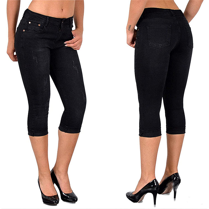 Black Distressed Ripped Capri Jeans Womens