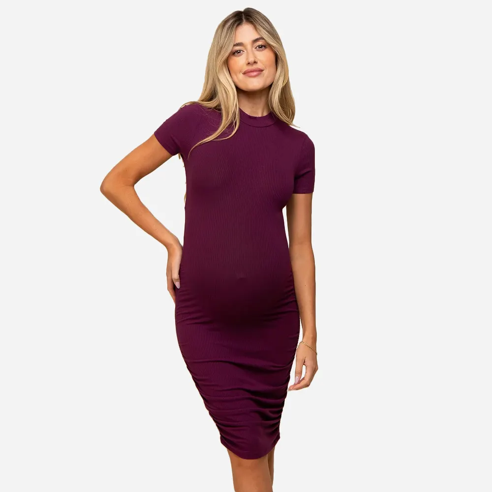Jersey acanalado lateral fruncido escote falso vestido de maternidad al por mayor ropa de maternidad