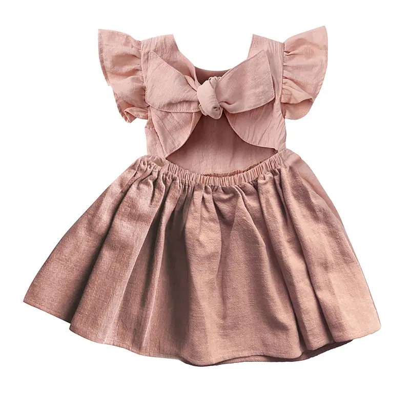 Gaun punggung terbuka lengan berkibar kasual murah 1409 pakaian bayi Linen anak usia 1 2 3 4 5 tahun untuk balita perempuan gaun katun Linen