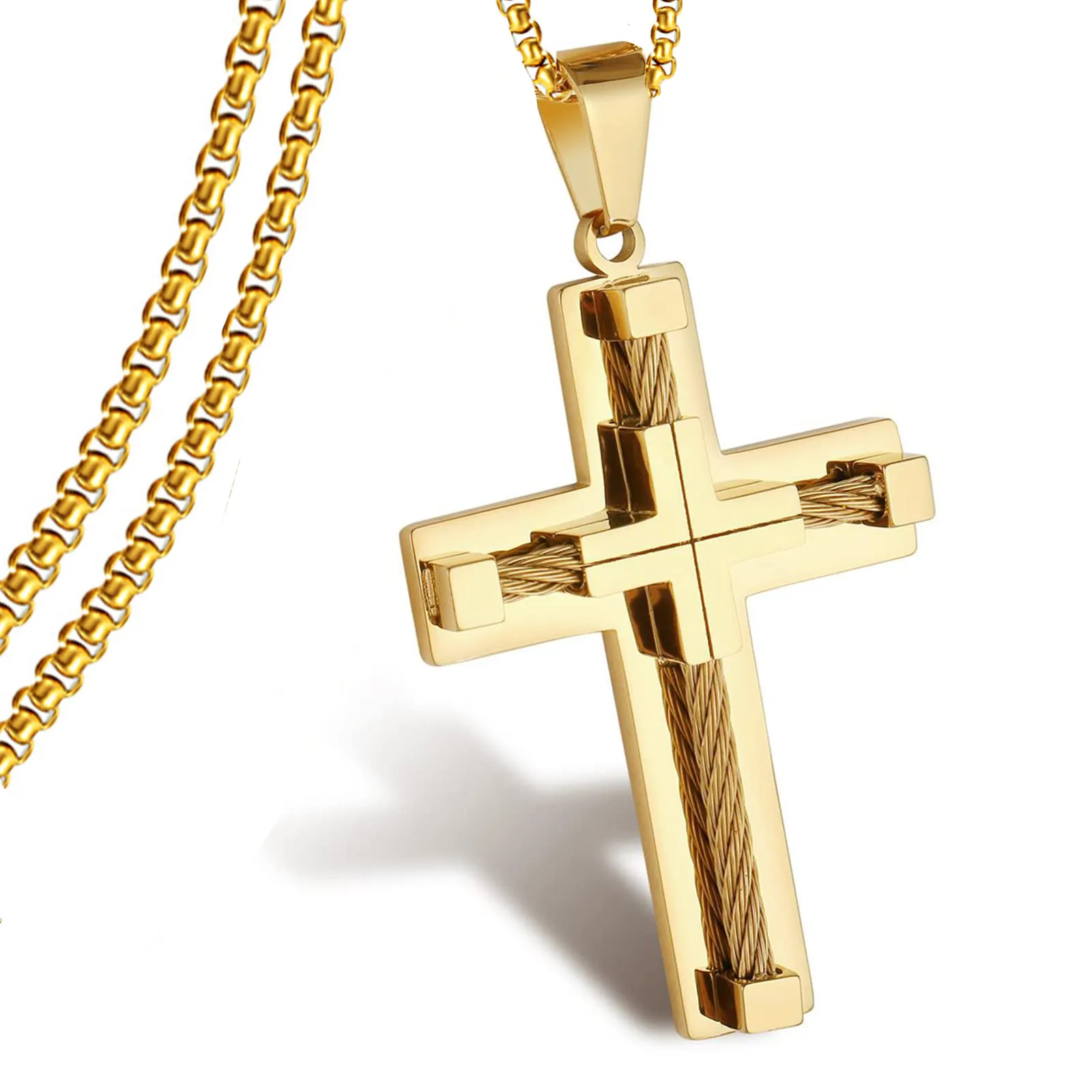 SSN125 Offre Spéciale Collier pour Hommes Grand 316L En Acier Inoxydable Christian Croix Chaîne Robuste À L'intérieur En Acier Câble Collier