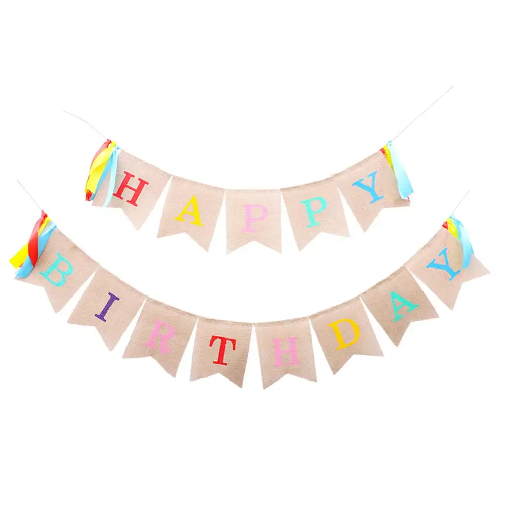 Happy Birthday Party Banner Retro Rainbow Buntings Flags Birthday Party Decoration with Cloth Strips for Birthday Party