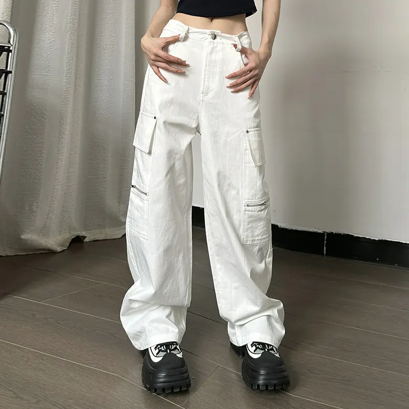 Calça cargo estilo baggy de cintura alta, calça branca, calças femininas, peça casual para moças, verão 1992