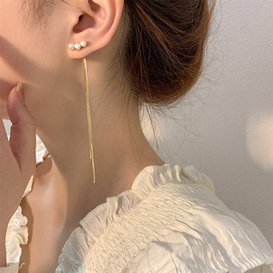 ED00095卸売韓国シンプル925シルバーポストロングタッセルファッションパールイヤーワイヤーゴールドメッキ女性ジュエリー