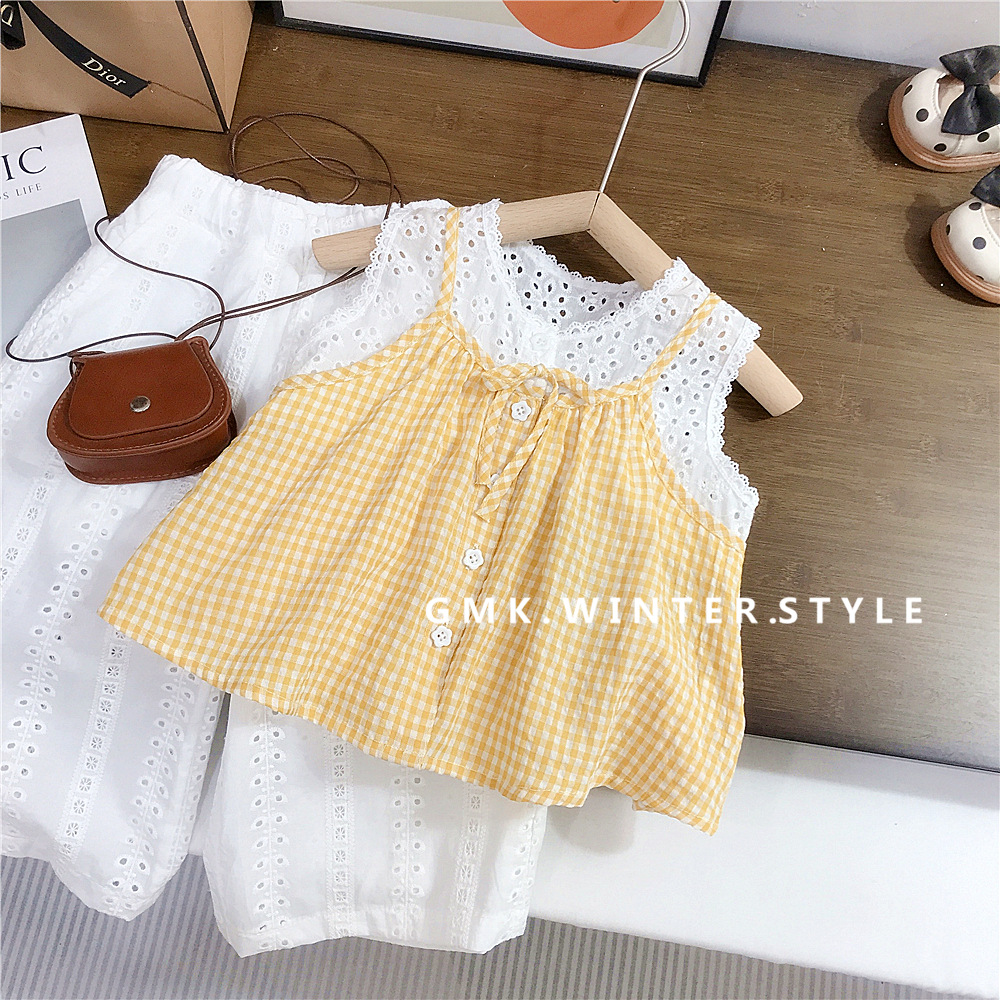 Yellow grid sling false two-piece suit
