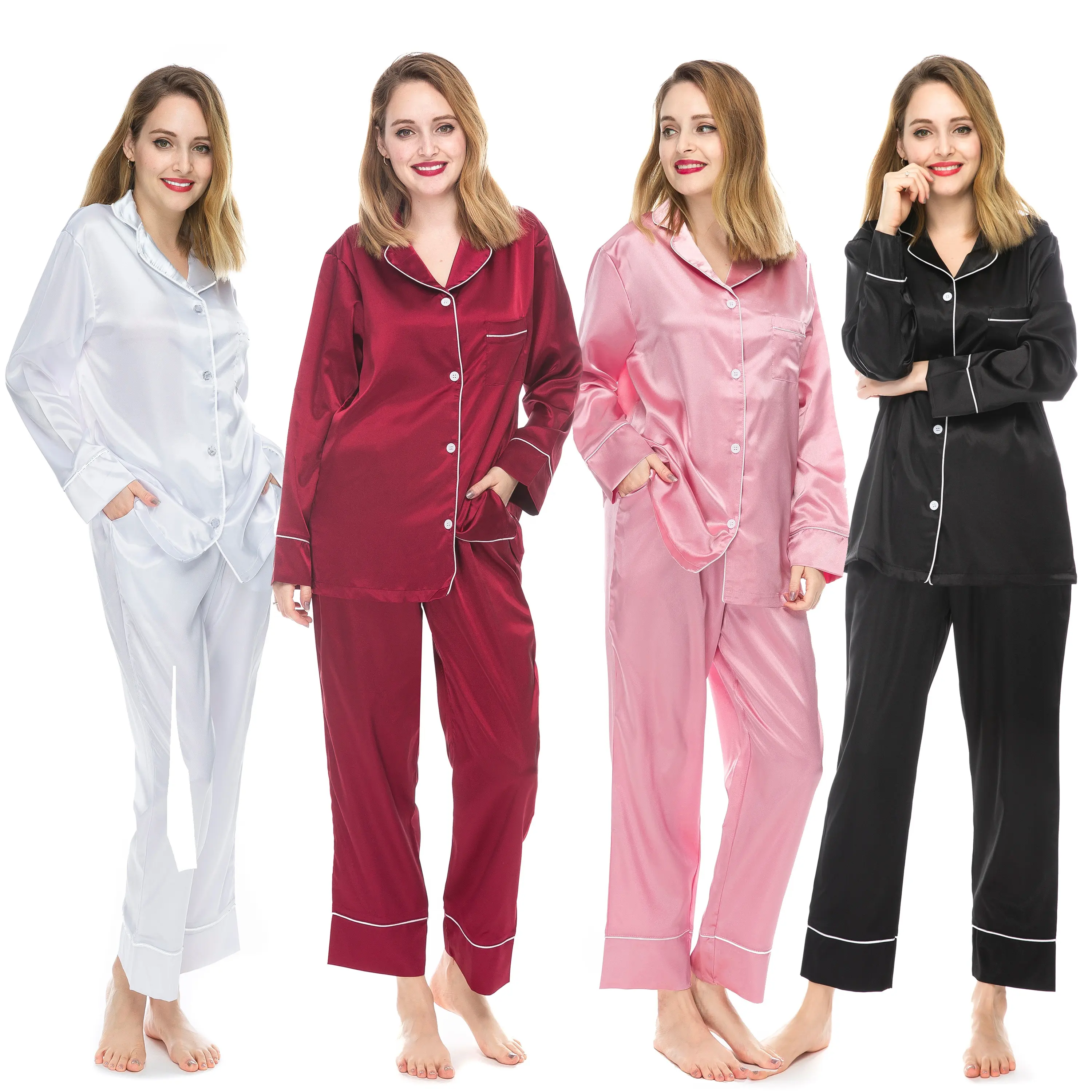 Design de mode Satin Soie Sexy Nuisette d'été Femmes Dames Pyjamas Rouge Rose 21 Couleurs Stock Service Personnalisé Support