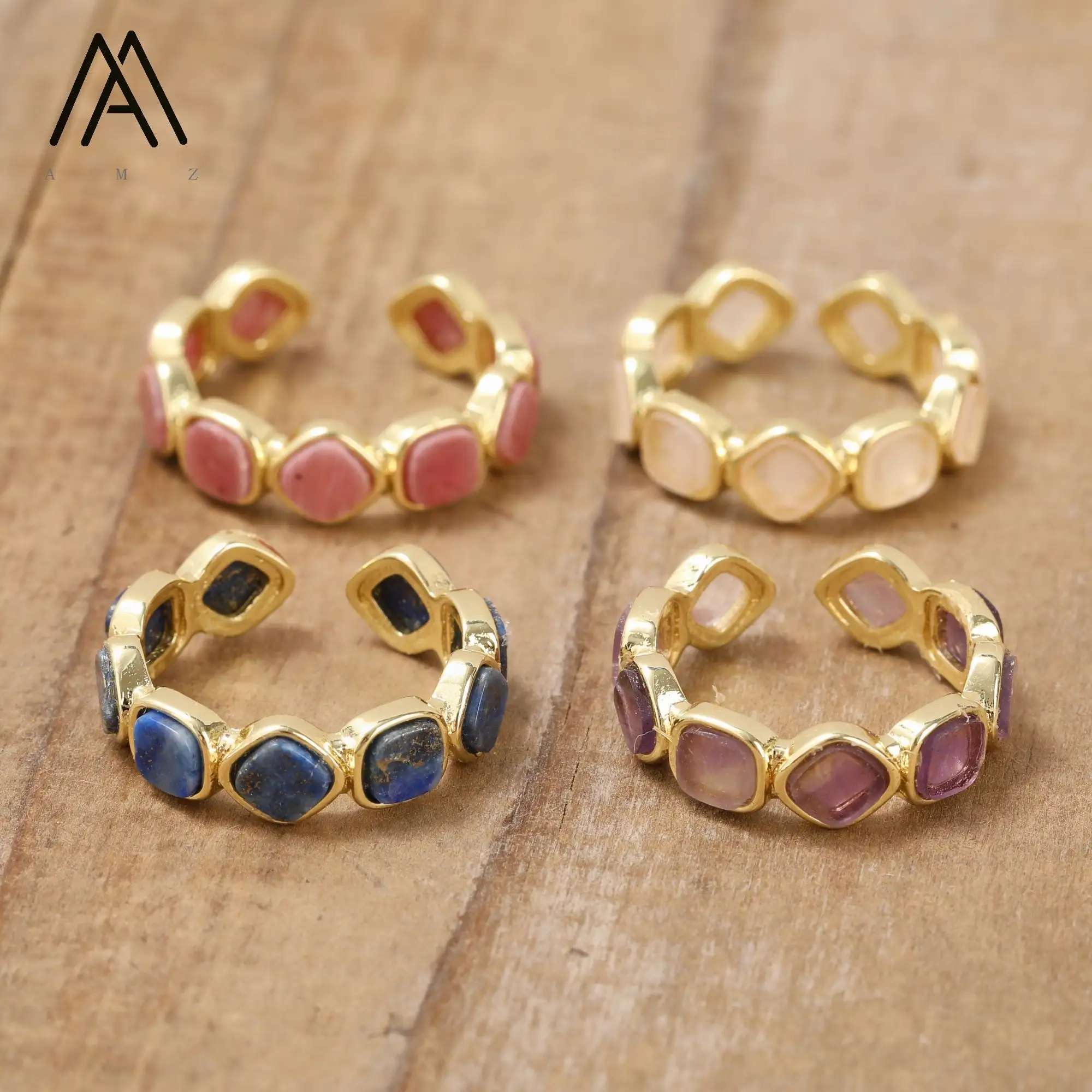 Nuovi anelli di design quarzo rosa Lapis ametista pietra preziosa di cristallo oro anello a fascia aperta da uomo gioielli