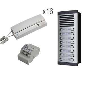 Sistema de intercomunicación para el hogar Dos cables Conexión sin polaridad Teléfonos de puerta 16 Botones de llamada Panel de entrada Blanco 4.DIN-rai Transformador - Product Image 1