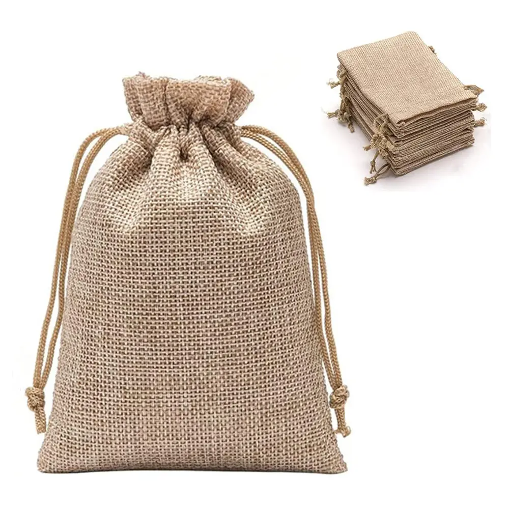 Stok düz organik jüt torba keten çanta küçük kullanımlık kenevir ipli çanta takı çantaları hediye torbalar