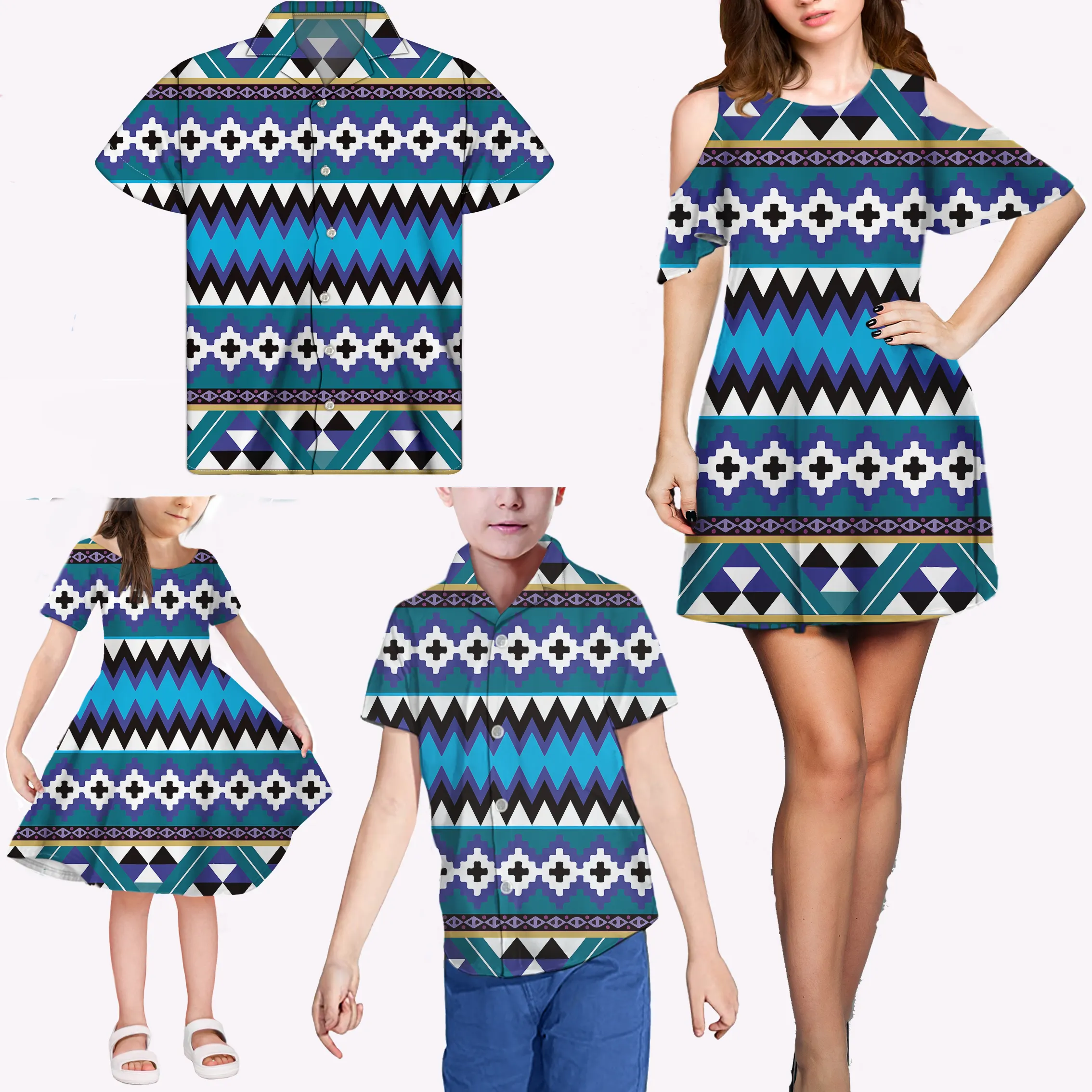 Vestidos a juego de rayas geométricas africanas para mujer, vestidos familiares a juego con patrón azul, camisas de moda para hombre y niña, vestido de cumpleaños