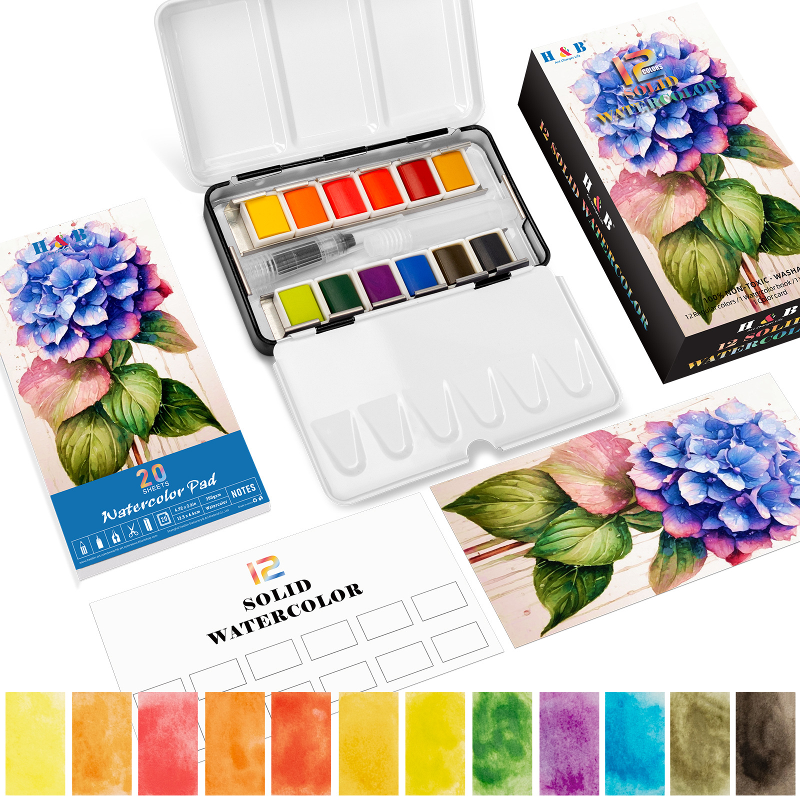 Ensemble d'aquarelles solides 12 couleurs - Hortensia