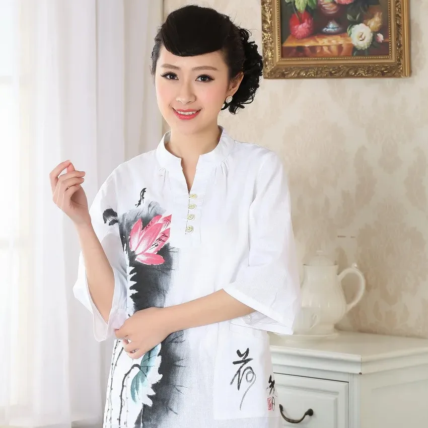 Blusa cheongsam de linho e algodão para mulheres, novo terno Tang estilo nacional chinês pintado à mão