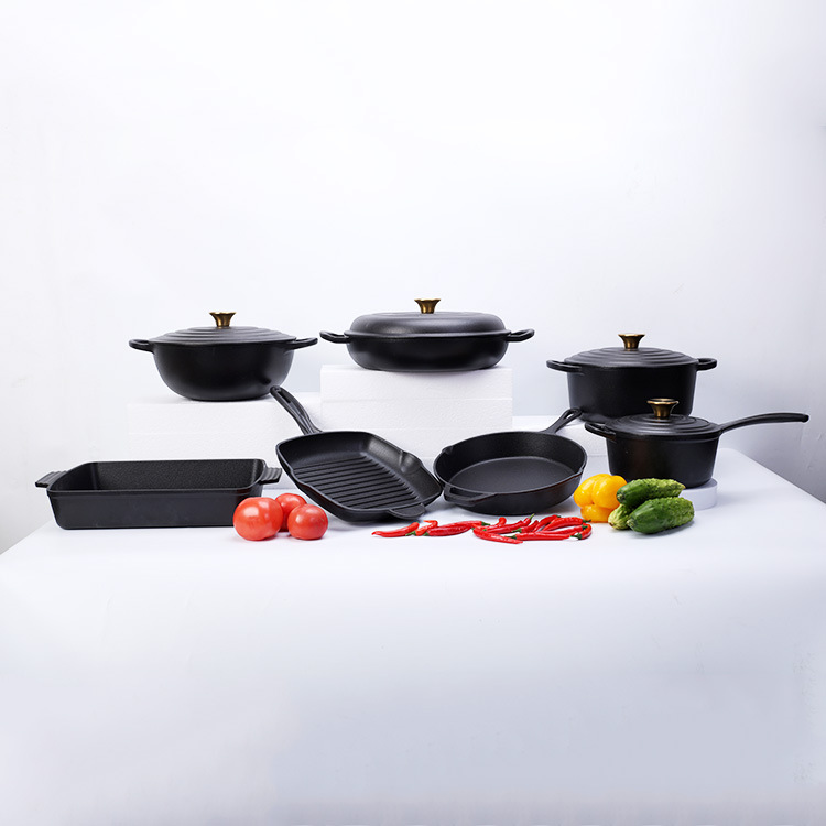 Negro - Juego de utensilios de cocina de hierro fundido esmaltado de 7 piezas