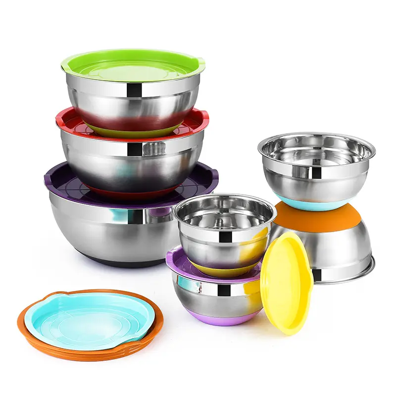 Juego de cocina de 6 cuencos de mezcla de silicona de acero inoxidable con tapa hermética para niños pequeños y grandes, color negro, venta al por mayor