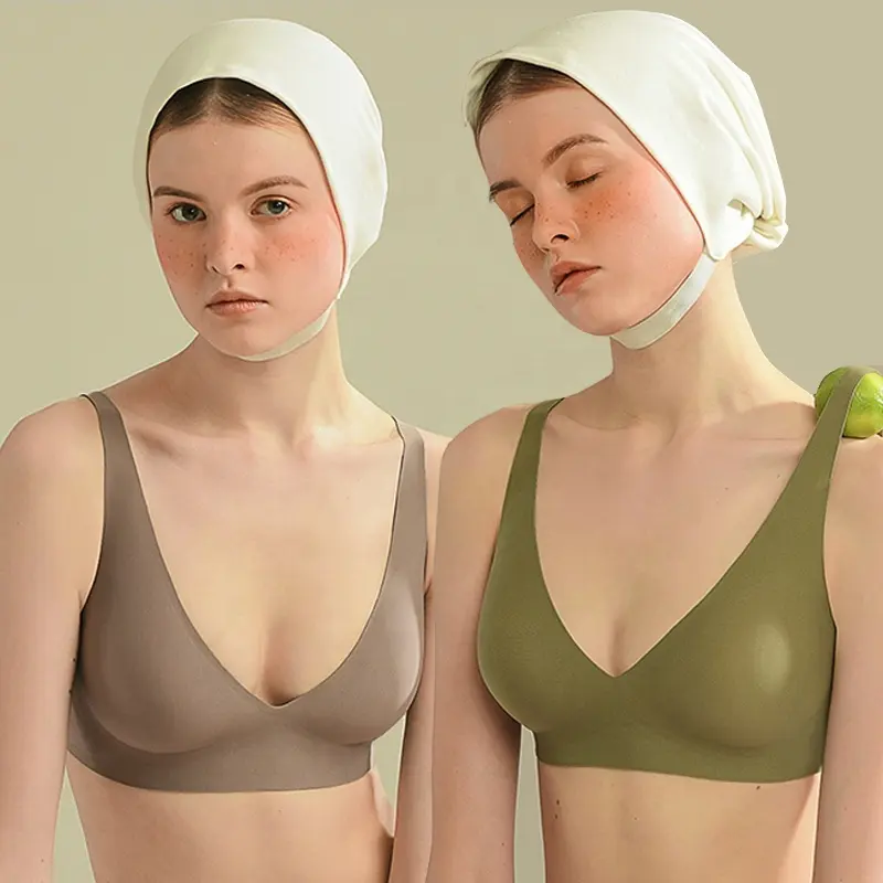 Alta qualidade das Mulheres Sem Costura calcinhas conjuntos Sono Conforto Lazer V Neck Bralette Sutiãs Sem Fio Invisível Sutiã com Almofadas Removíveis