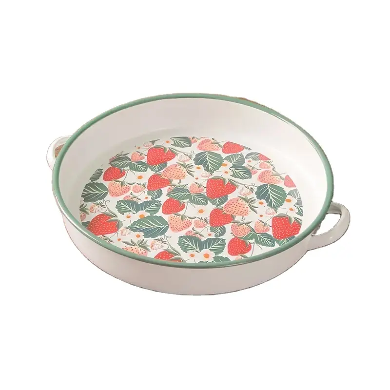 30Cm Restaurant Ronde Europa Witte Kleur Custom Bloemenprint Emailen Keuken Bakvormen Emaille Servies Dienblad Met Handvat