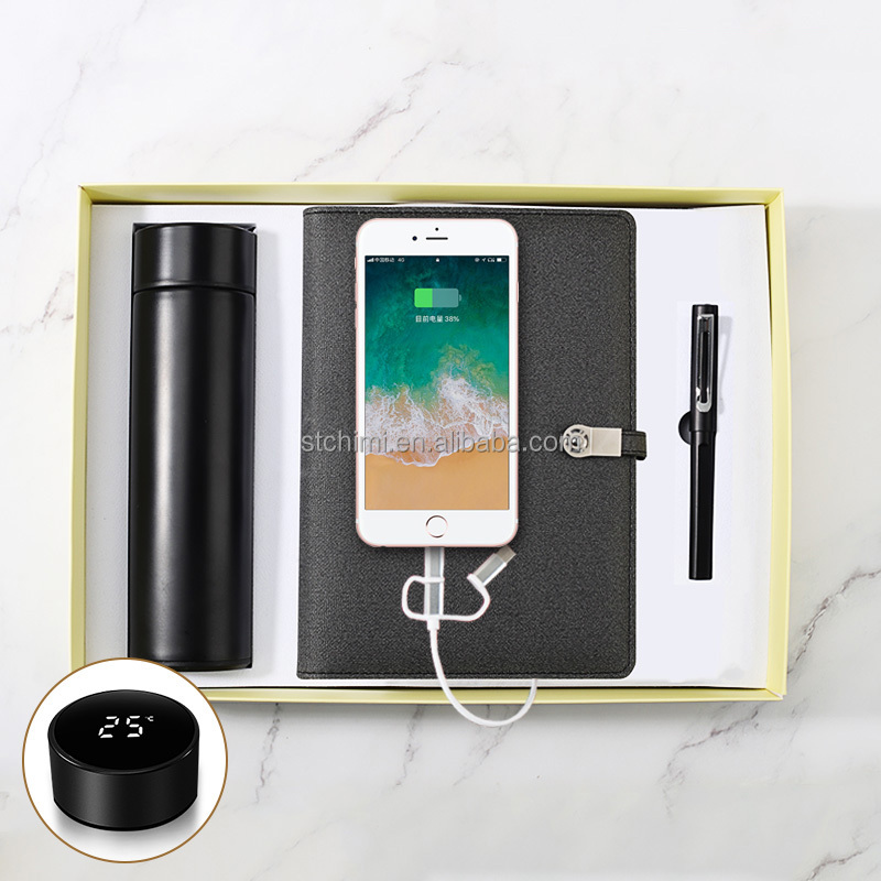 Banco de potencia marrón portátil + frasco de vacío inteligente + USB + pluma de signo de metal