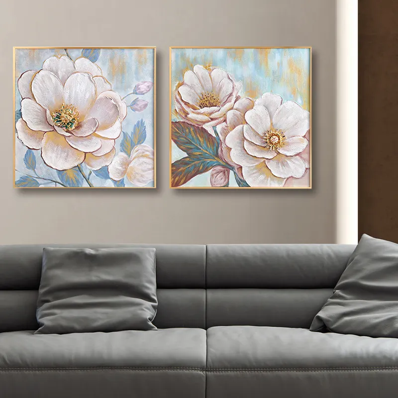 Pinturas de Arte de pared SANLOREN, conjunto completo de pared de flores rosas, pintura artesanal de esmalte elegante moderna para sala de estar, oficina, decoración de Hotel