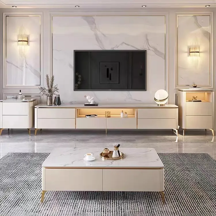 Odern-mesa de centro de madera maciza con piedra sinterizada para sala de estar, mueble de lujo con soporte para TV