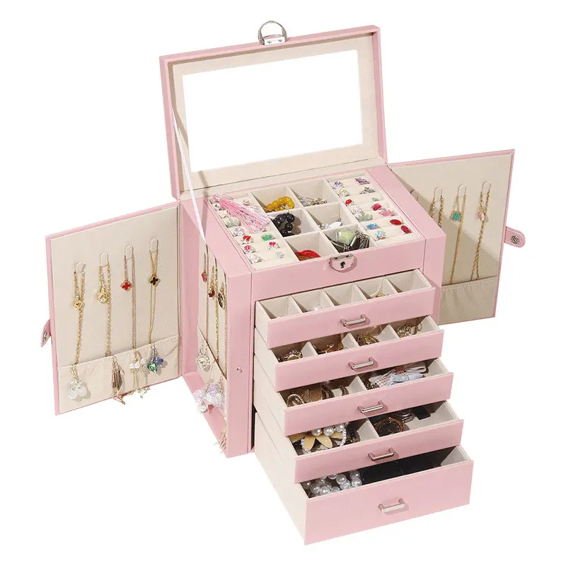 Cajas de almacenamiento de maquillaje multifunción de cuero Pu impermeables, caja de almacenamiento de exhibición de joyería cosmética de 5 capas