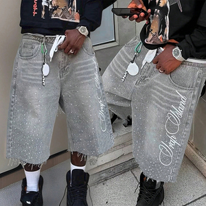 مخصص للرجال Y2K الهيب هوب حجر الراين الدنيم السراويل المتعثرة غسلها Jorts خمر سحاب يطير السراويل الطباعة القطنية - Product Image 1