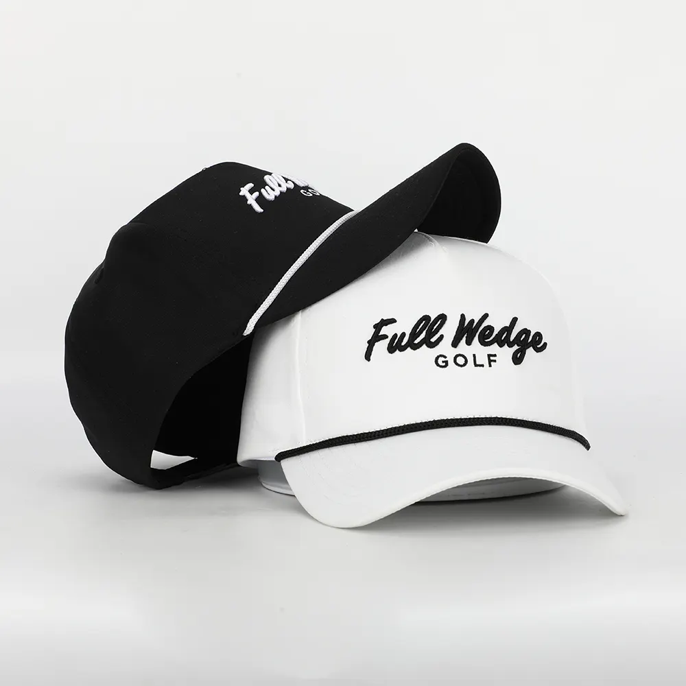 Oem design personalizado seu próprio logotipo bordado, 5 painéis para homens mulheres esportes corrida gorros boné de nylon branco golfe corda chapéu