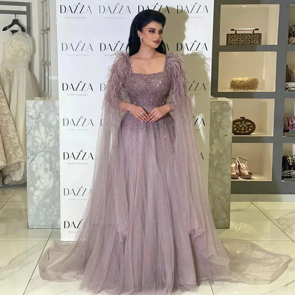 Plumes de luxe rose poussiéreux robes de soirée arabes avec Cape femmes élégantes robes de soirée de mariage de Dubaï Turquie SZ406