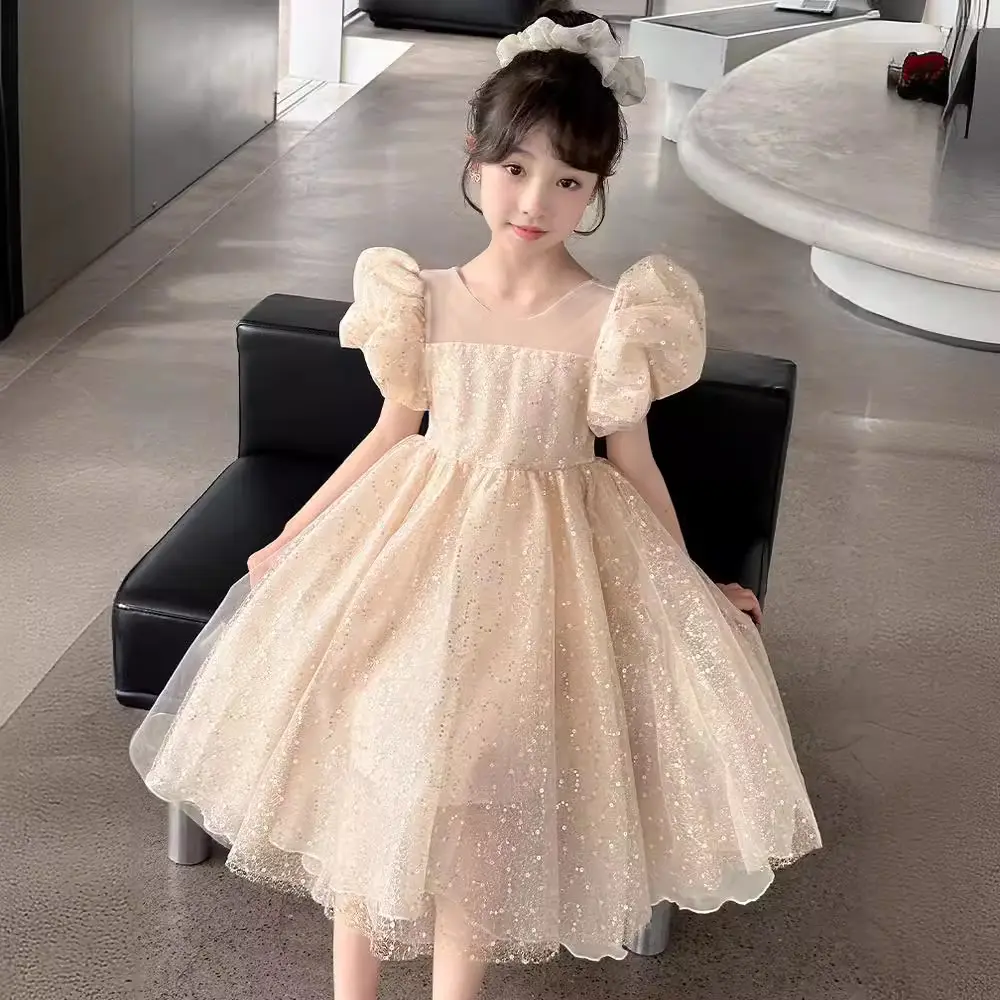 2024 nuevos niños Niña de manga corta Beige Rosa Puff manga cumpleaños vestido adolescente niñas fiesta vestidos 5-15 años