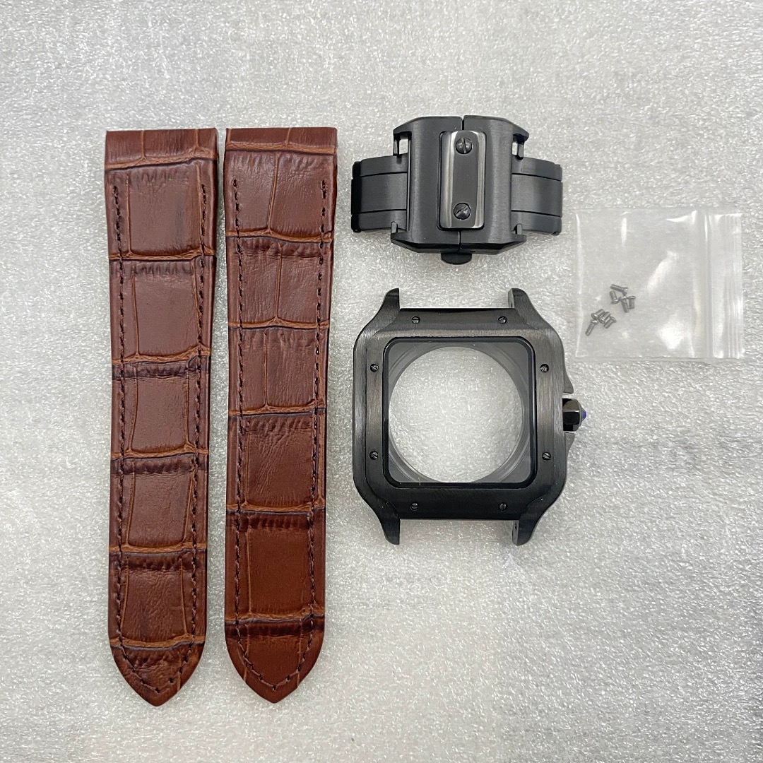 Boîtier noir - Bracelet en cuir marron