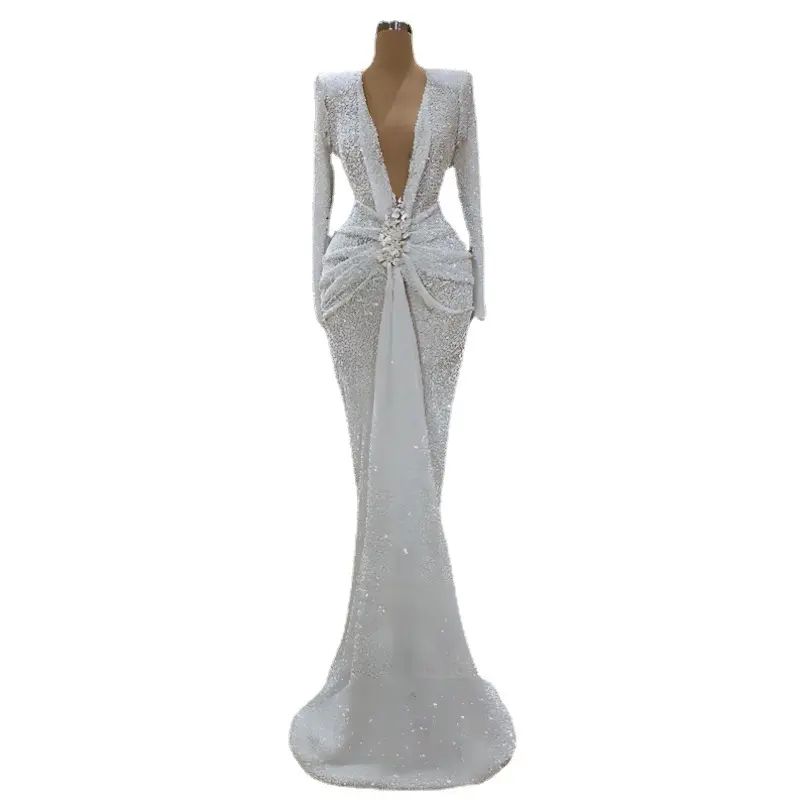 Droma 2023 Nouvel Arrivage Robe de soirée blanche de luxe à manches longues, col en V profond et paillettes pour femmes