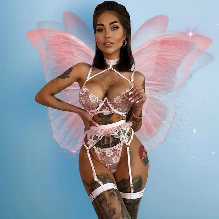 Conjunto de lencería de malla de encaje con bordado, lencería Rosa transparente, sujetador de realce, sexy, transparente