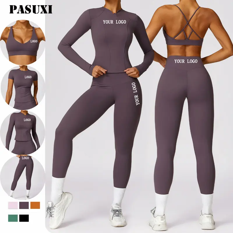 Pasuxi conjunto de ginástica sem costura, feminino, para atividades físicas, yoga, push up, esportes, top cropped, leggings, academia