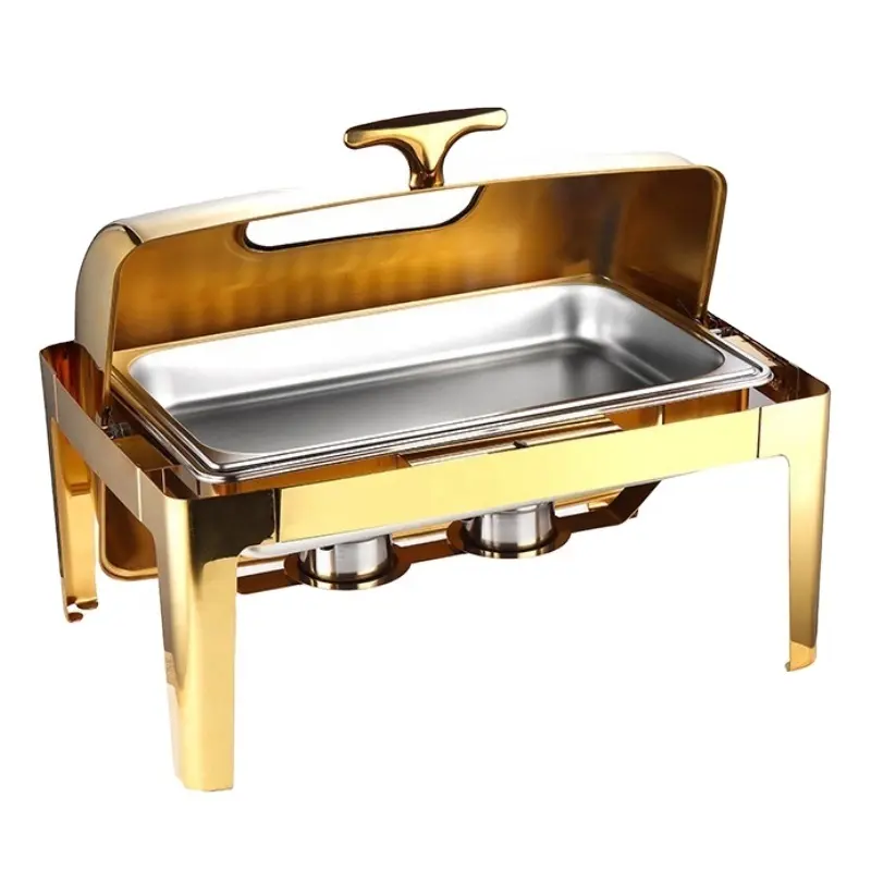 Custom atacado barato dourado aço inoxidável luxo Food Warmer Chafing Dish Buffet Set Para Catering fogão a álcool