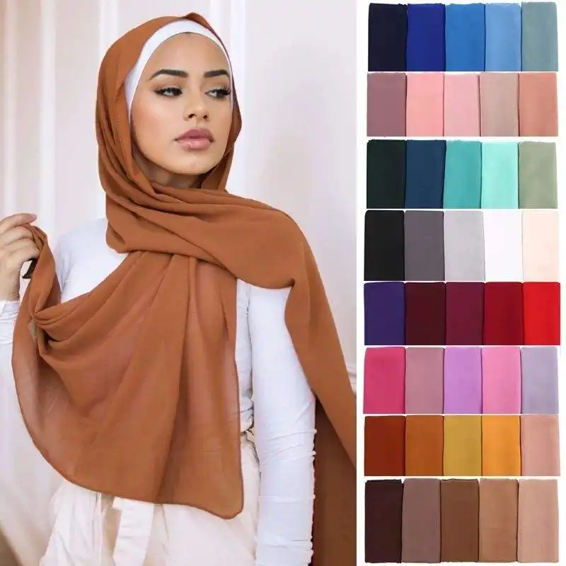 Nuevo 2024 venta al por mayor 86 colores chal islámico de alta calidad suave liso Georgette musulmán Hijabs pañuelo burbuja gasa Hijab bufanda
