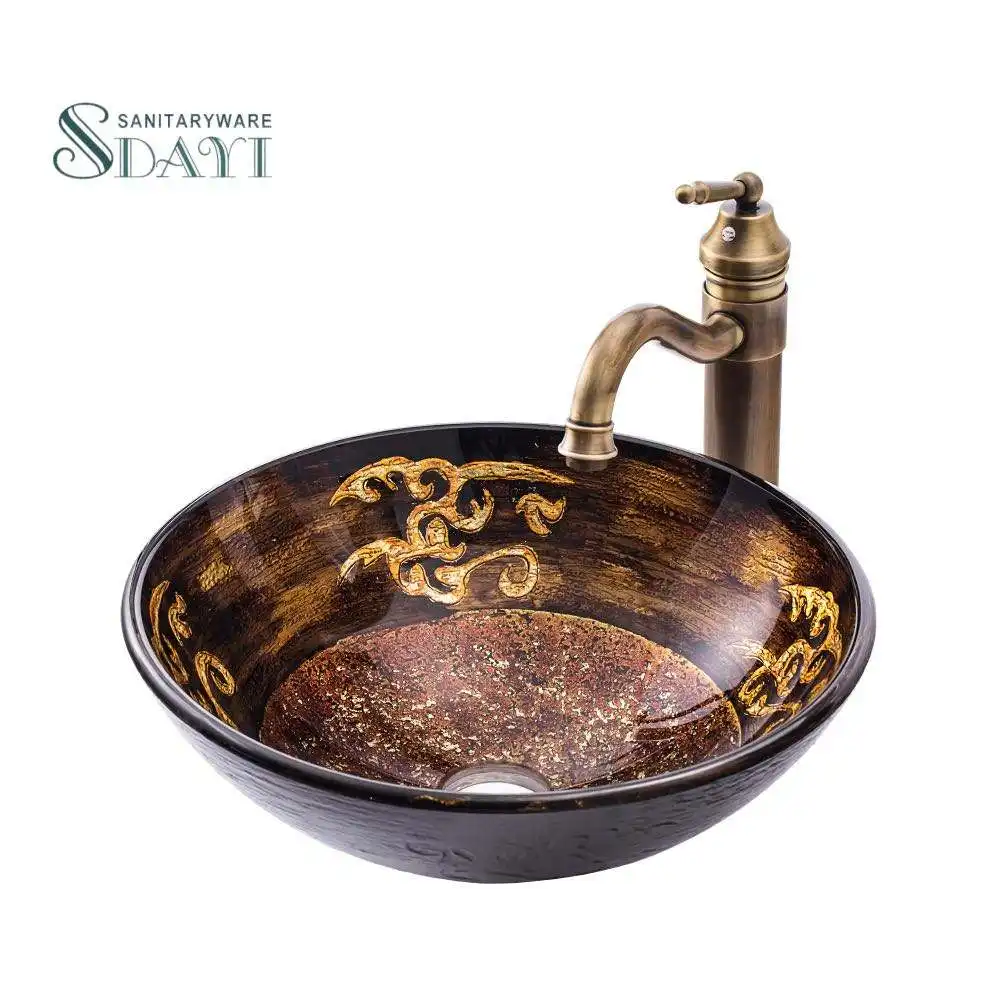 SDAYI Vintage carving glass rose gold wash basin with faucet handmade sink bowl for hotel bathroom