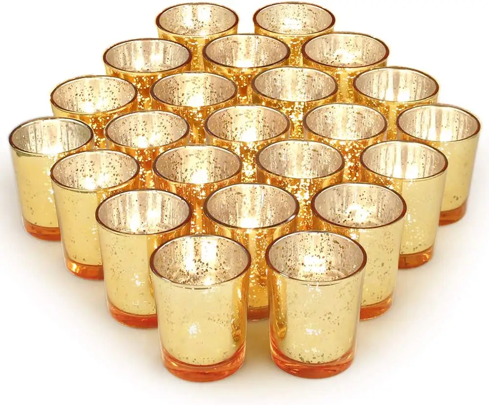 Portavelas votivo dorado para mesa, luces de té de cristal mercurizado, conjunto para boda, 24 Uds.