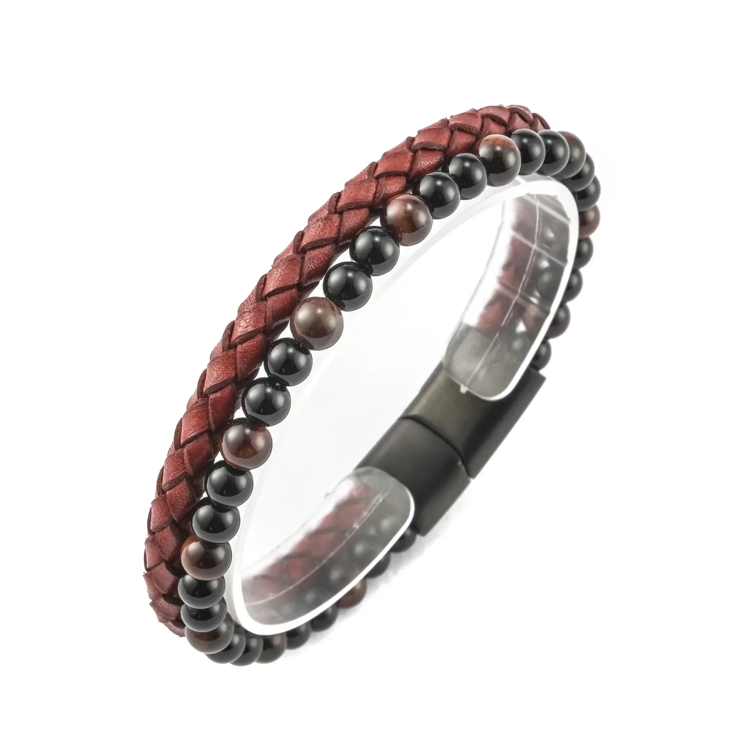 Pulsera de cuerda trenzada de cuentas de acero inoxidable para hombre, brazalete de cuero de ojo de tigre rojo, Punk, Hip Hop, nuevo diseño