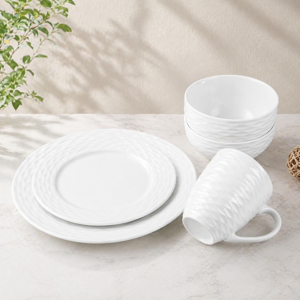 Modern White Embossed Ceramic Dinnerware Set 16 Pcs Wave Pattern Porcelain Tableware Plates And Bowls Set For Hotel Restaurant 5