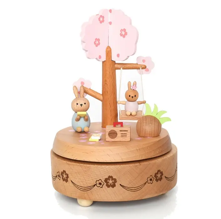 Caja de música de madera con láser de conejo oscilante para niños, árbol de flores coreano, regalo de cumpleaños, letras