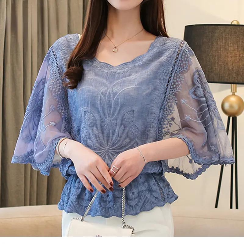 Blusas de chiffon para mulheres, blusas de chiffon com borda e renda, para primavera, de algodão, com flor de borboleta, 6866