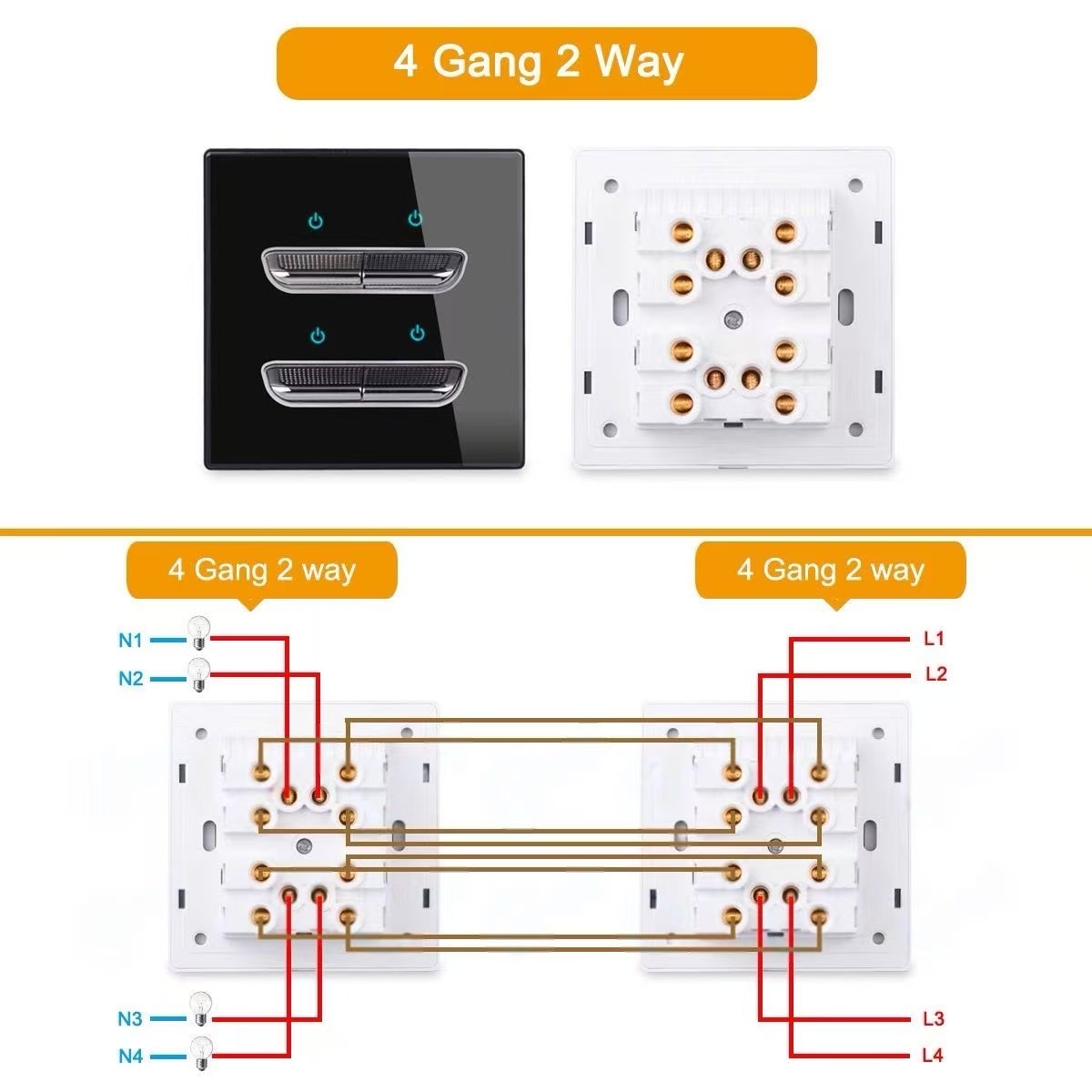 Vetro nero a quattro aperture doppio 4GANG2WAY