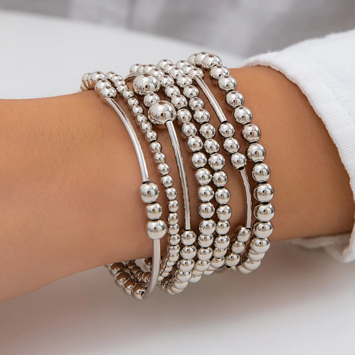 Personalizzato unico colore argento rotondo CCB palla catena bracciale per le donne Vintage elastico filo perline braccialetti a mano gioielli