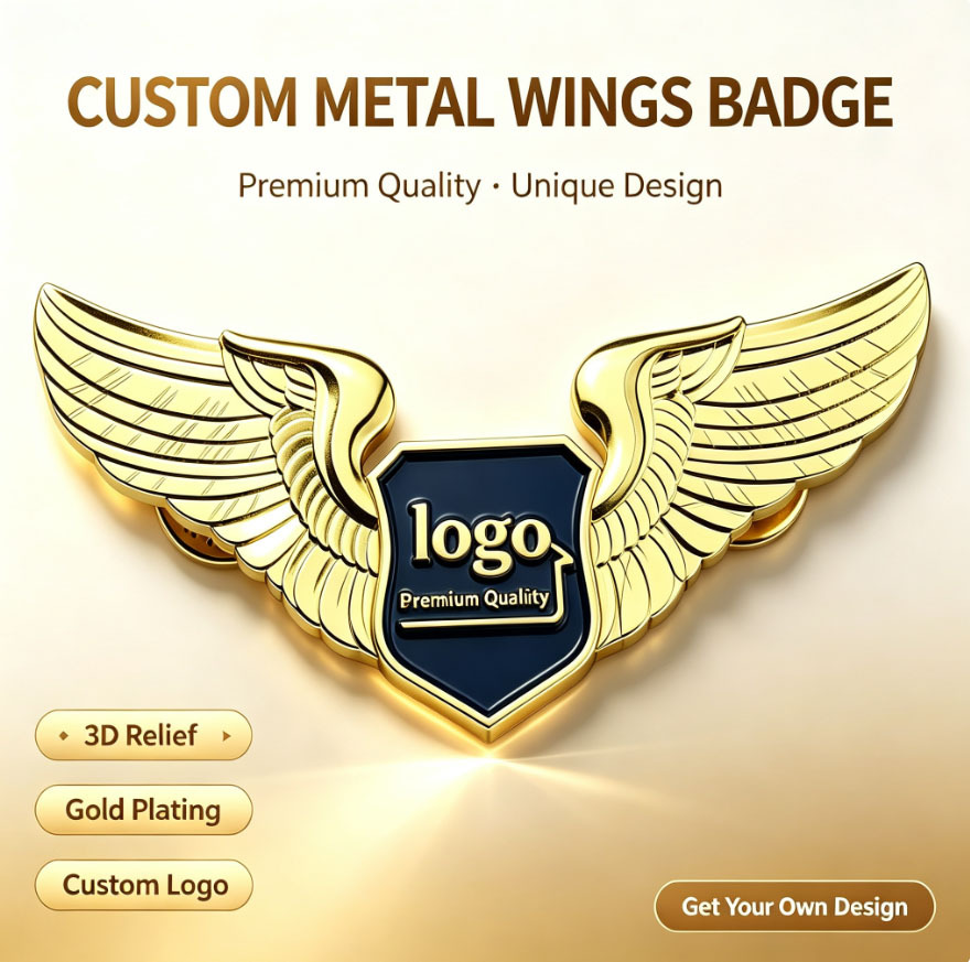 Distintivo Personalizzato con Ali in Metallo, Rilievo 3D, Placcatura in Oro, Spilla Smaltata