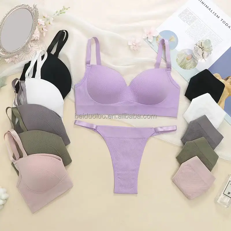 Mulher sem costura push-up um tamanho médio Thongs moda sexy fio livre fixo látex cup bra set para a mulher