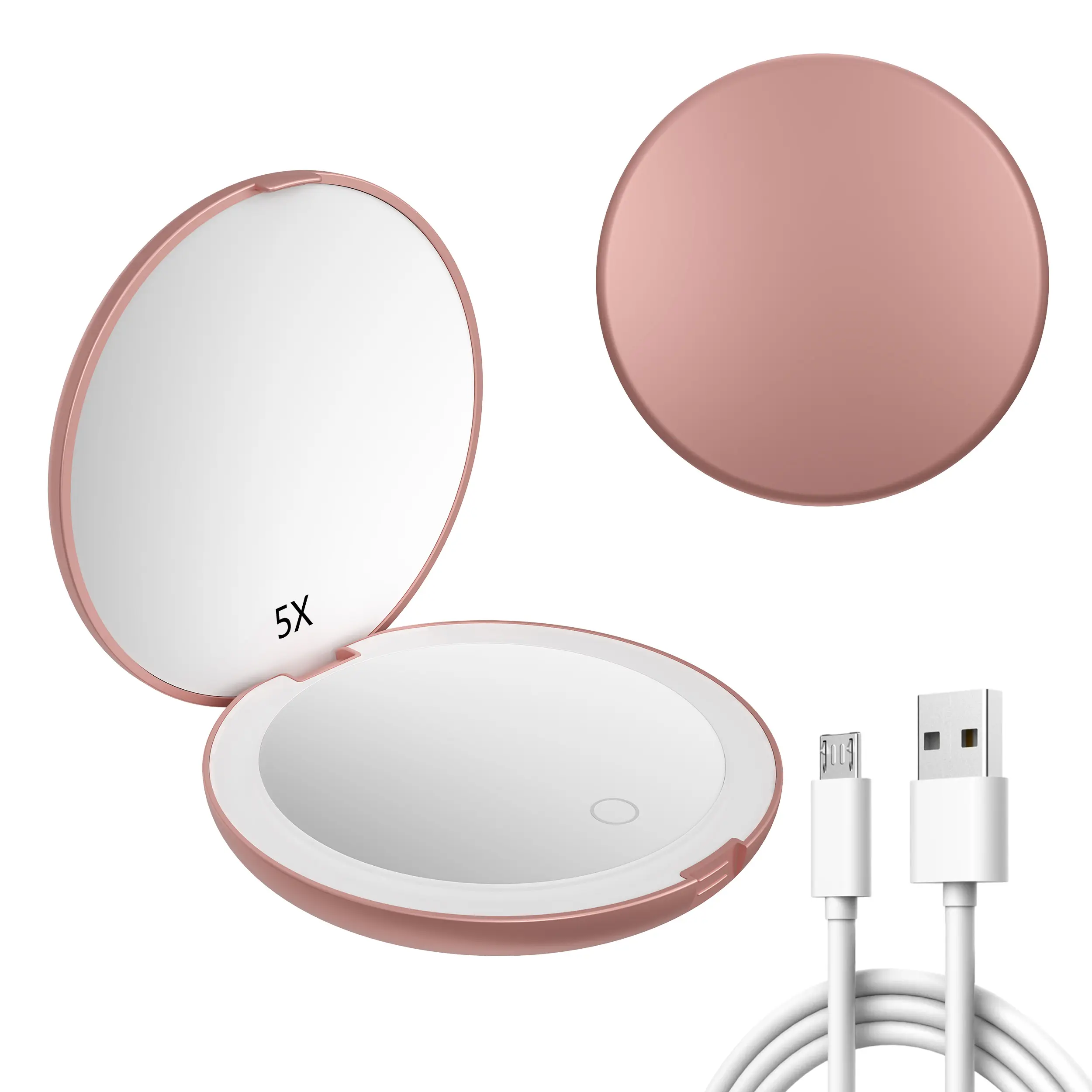 Espelho portátil pequeno de mão para maquiagem, com logotipo personalizado gravado em ouro rosado, regulável por USB, portátil e compacto, com luz LED