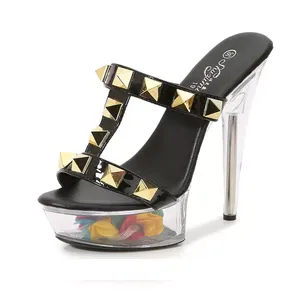 KOLNOO kadın yaz açık Toe LED Platform sandaletler altın perçin ve kristal çiçek seksi temizle Slip-On kapatma tipi