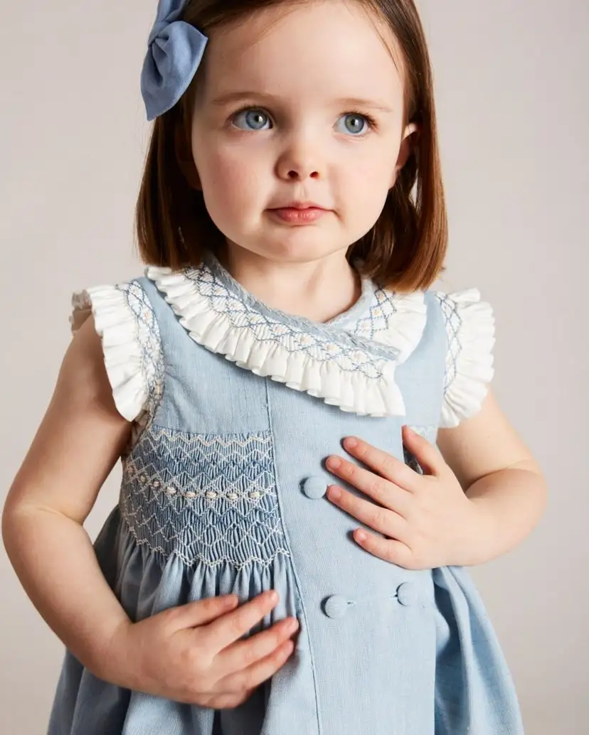 Grosir kostum anak-anak musim panas kasual lengan kerut Denim buatan tangan gaun baju bayi perempuan pakaian gadis berpenutup