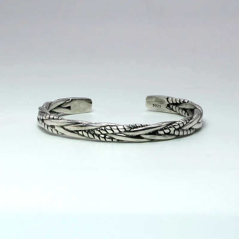 Bracciale in argento 925 twist woven Thai Silver bracciale da uomo con apertura regolabile pulsera de plata Bangle joyas cercei anting