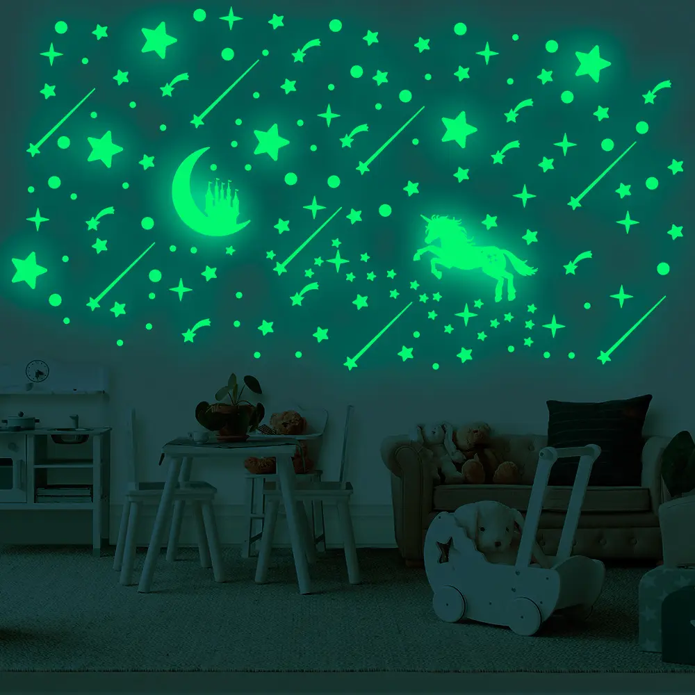 Lvfan 3619 Mur de dessin animé Luminous Moon Castle avec étoiles et météores autocollants fluorescents décoration de chambre d'enfant