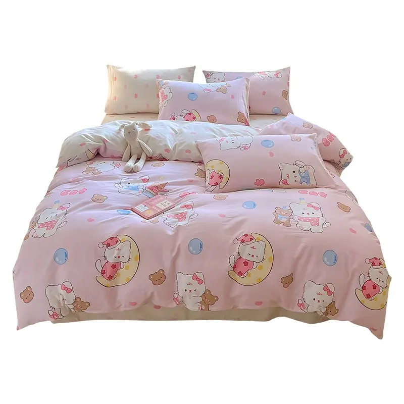 Set seprai tempat tidur Duvet perempuan, motif kartun 3D murah, set seprai tempat tidur pola kotak-kotak merah muda 100% katun dicetak